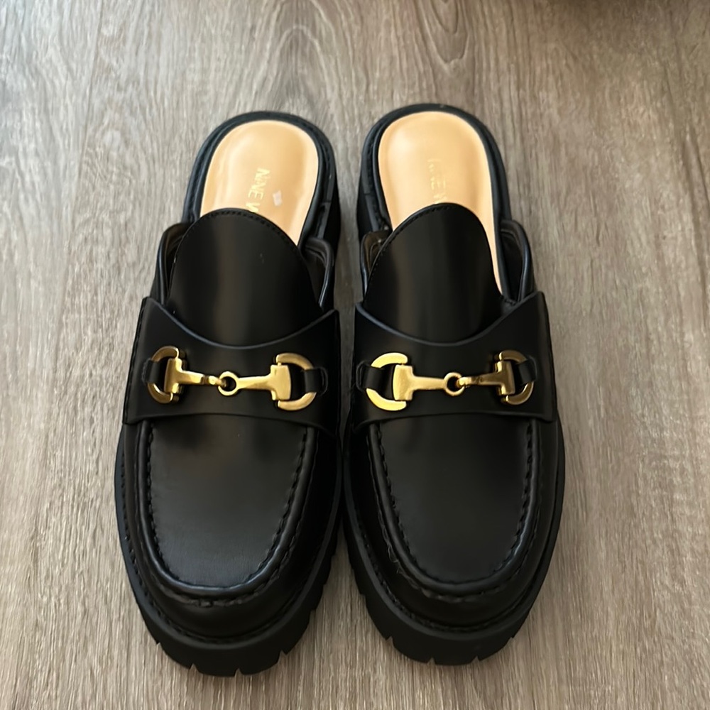 Nine West Black Mules with Gold Accents